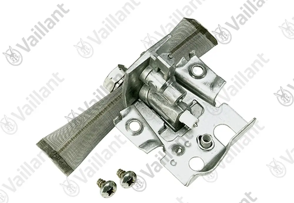 Vaillant Zündbrenner mit Metallstruktur und zwei Schrauben zur Befestigung. Kombiniert Zündmechanismus und -element in einem kompakten Design.